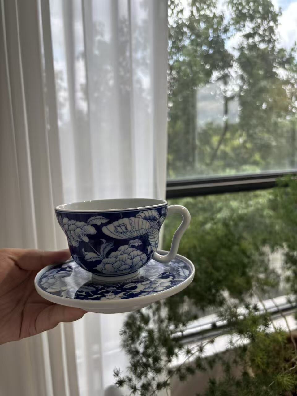 Blue Peony Coffee Cup and Saucer Set - Kaolin Porcelain