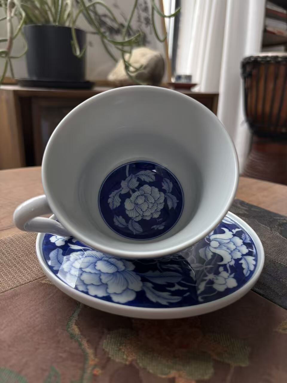 Blue Peony Coffee Cup and Saucer Set - Kaolin Porcelain