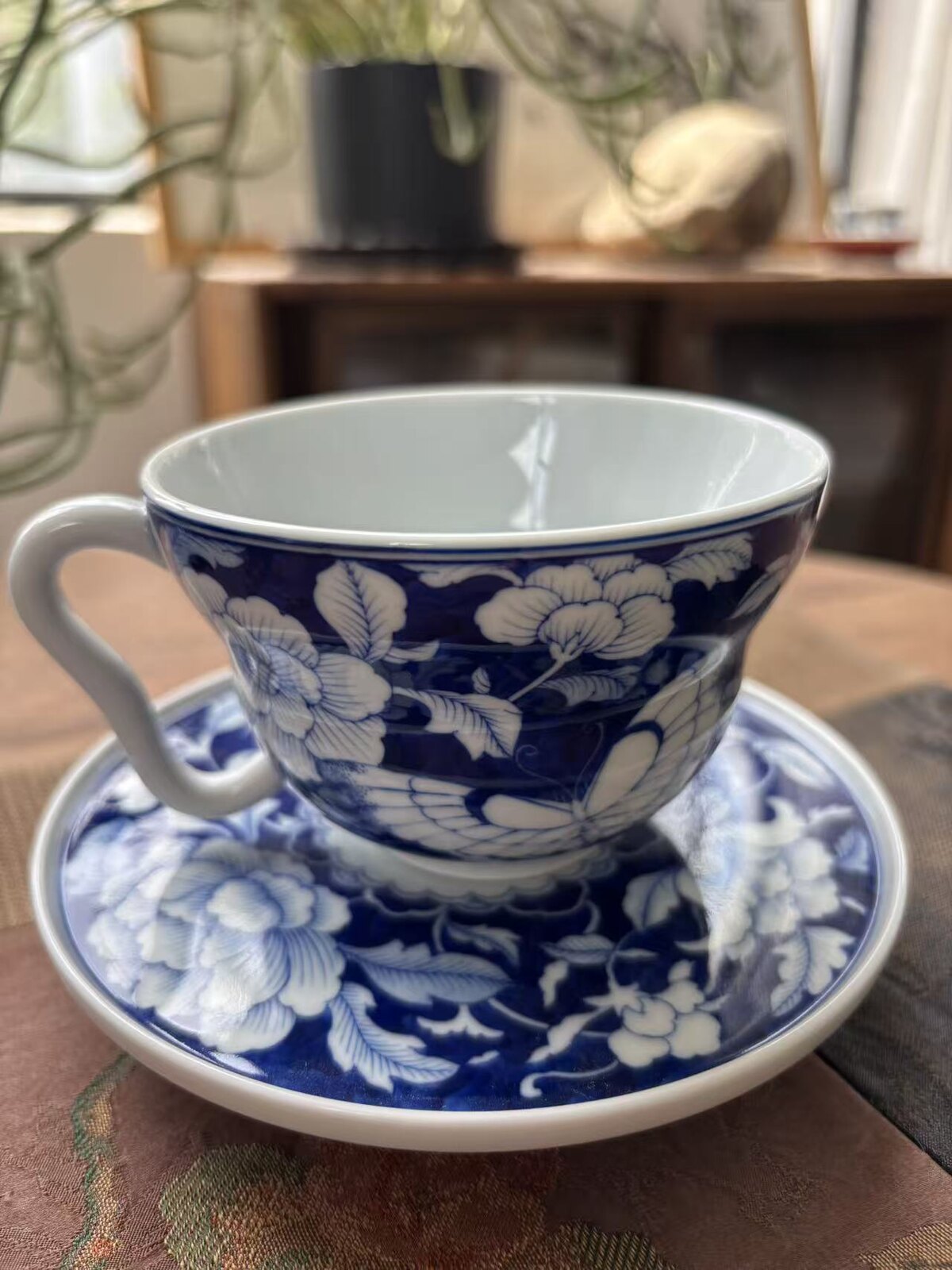 Blue Peony Coffee Cup and Saucer Set - Kaolin Porcelain