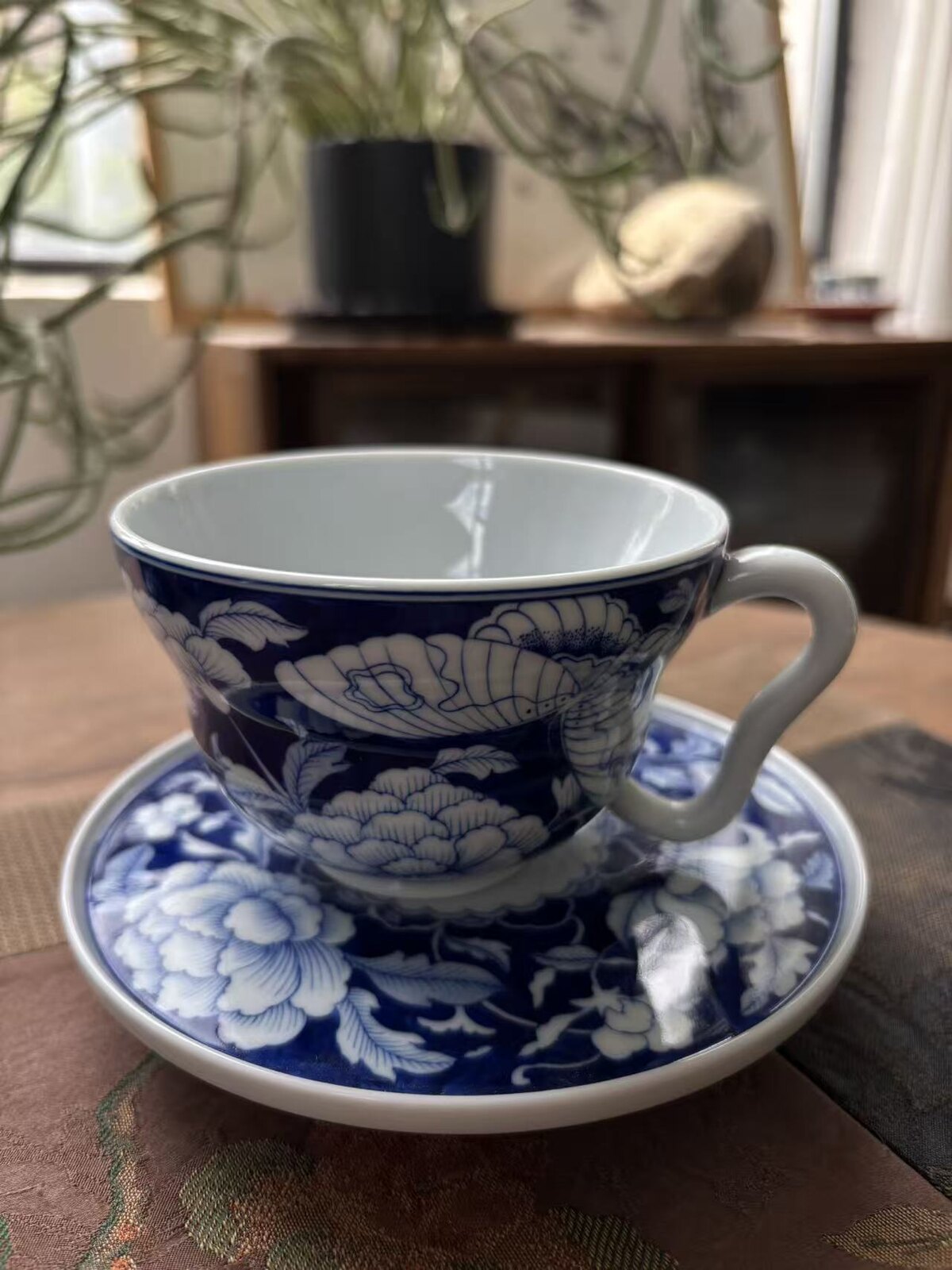 Blue Peony Coffee Cup and Saucer Set - Kaolin Porcelain