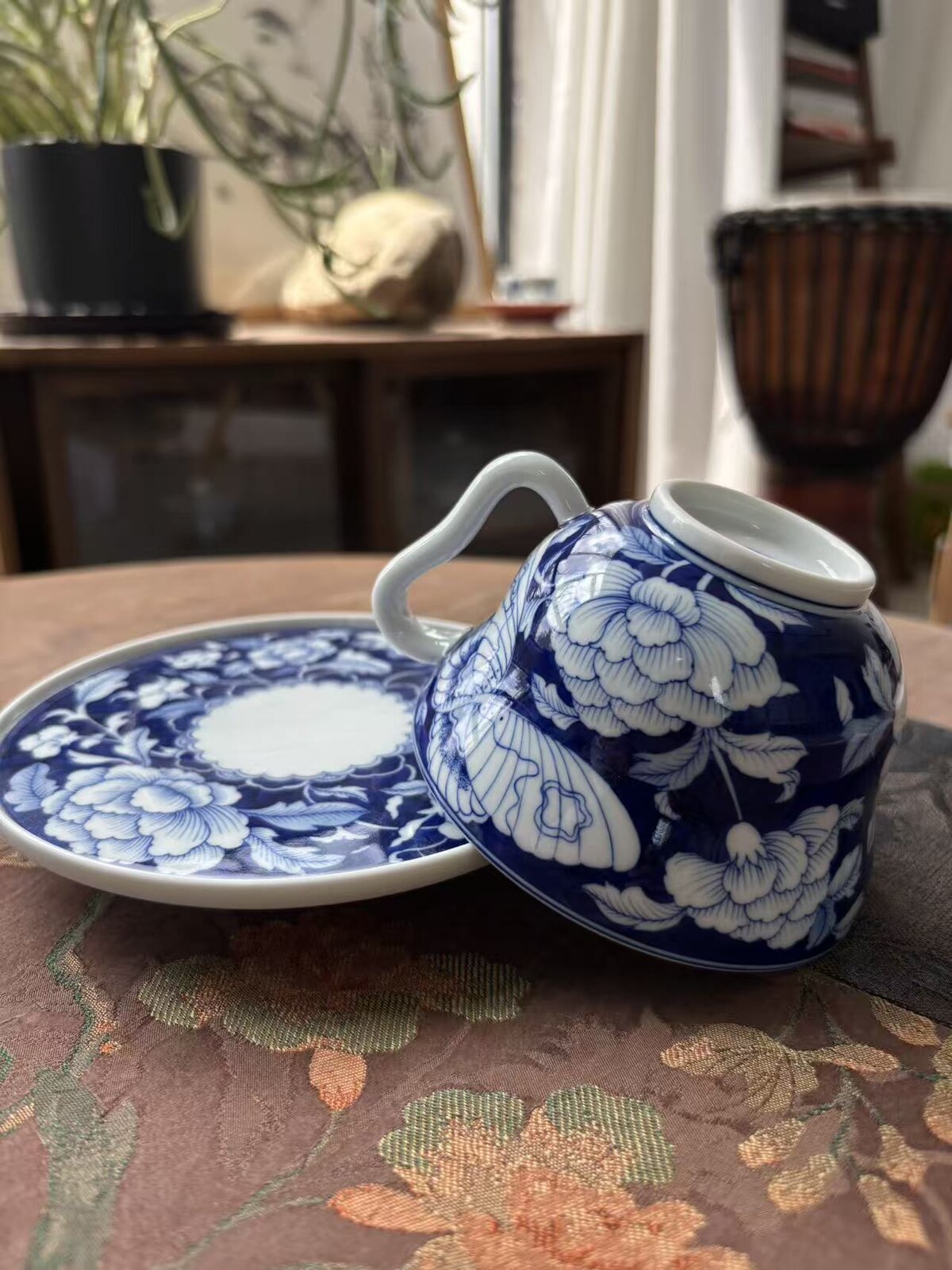 Blue Peony Coffee Cup and Saucer Set - Kaolin Porcelain
