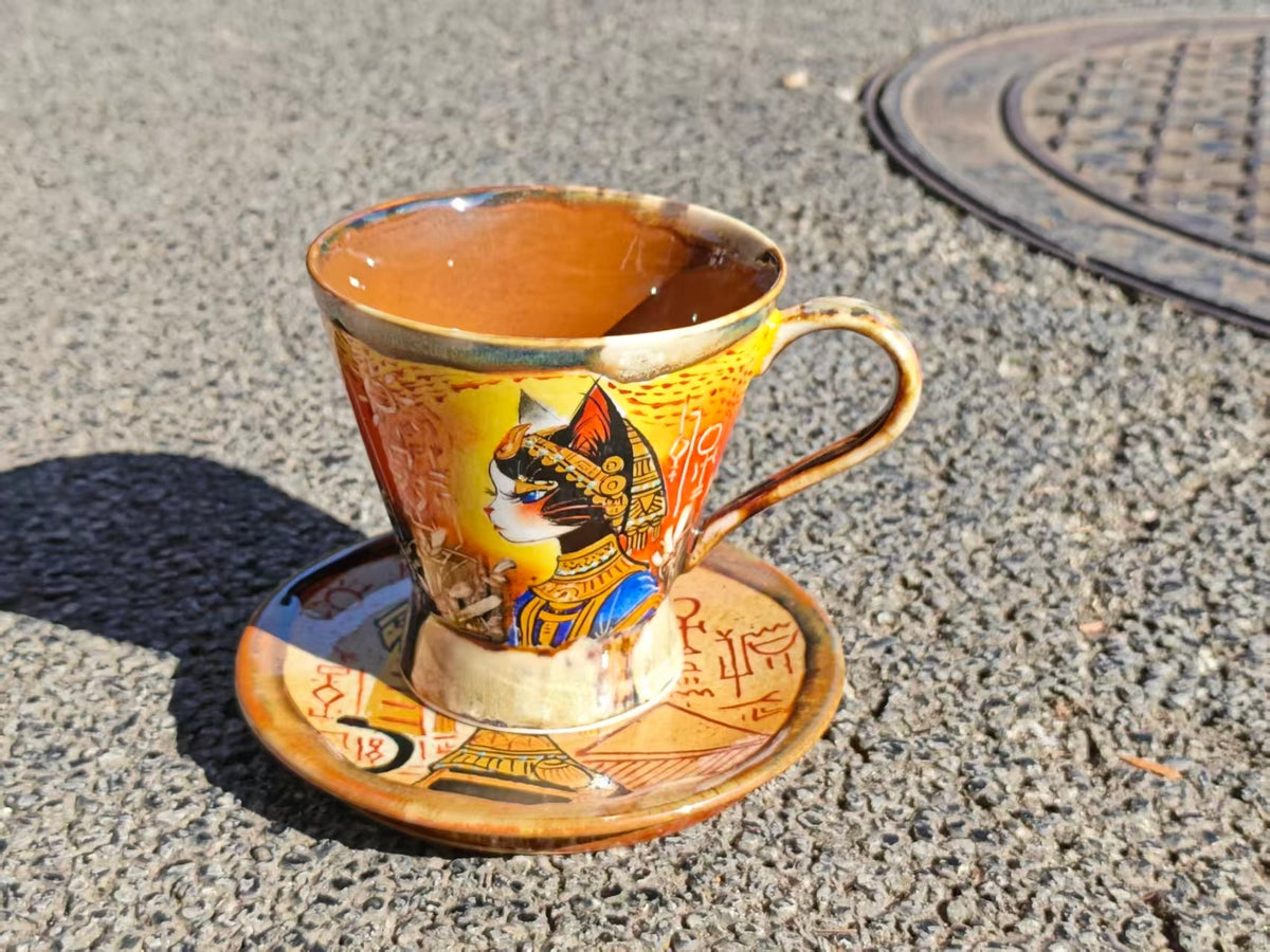 Tall Cat Motif Doucai Porcelain Cup and Saucer