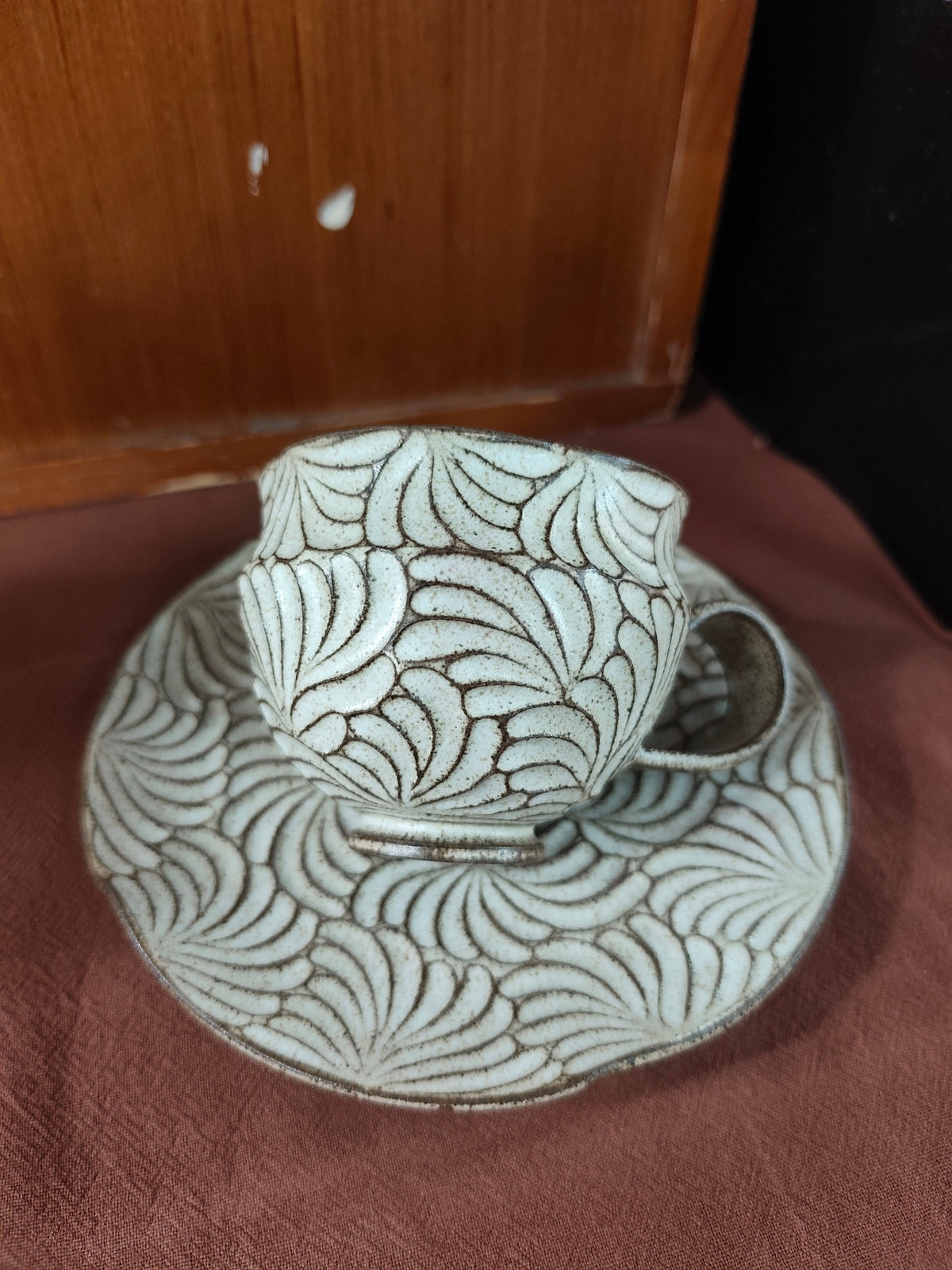 Hand-Carved Black Linework Coffee Cup and Saucer