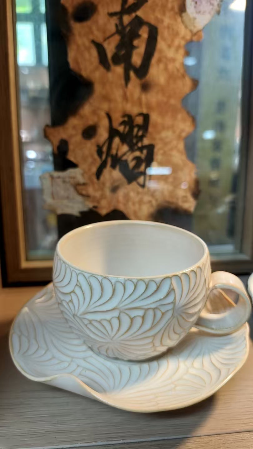 Hand-Carved White Linework Coffee Cup and Saucer
