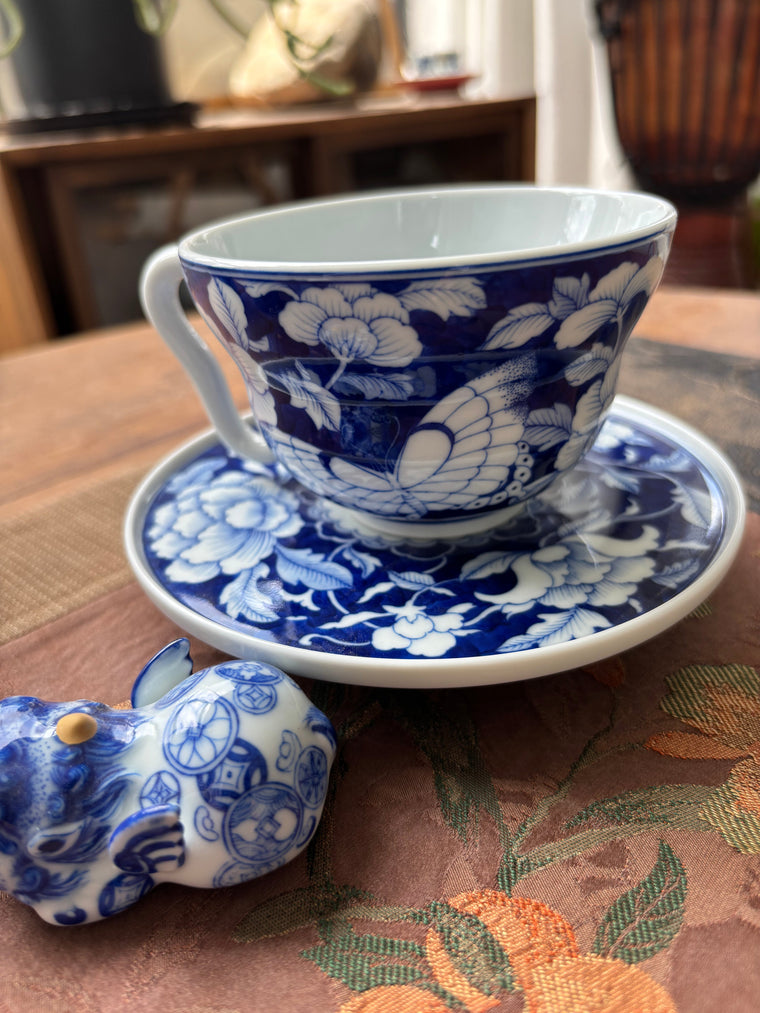 Blue Peony Coffee Cup and Saucer Set