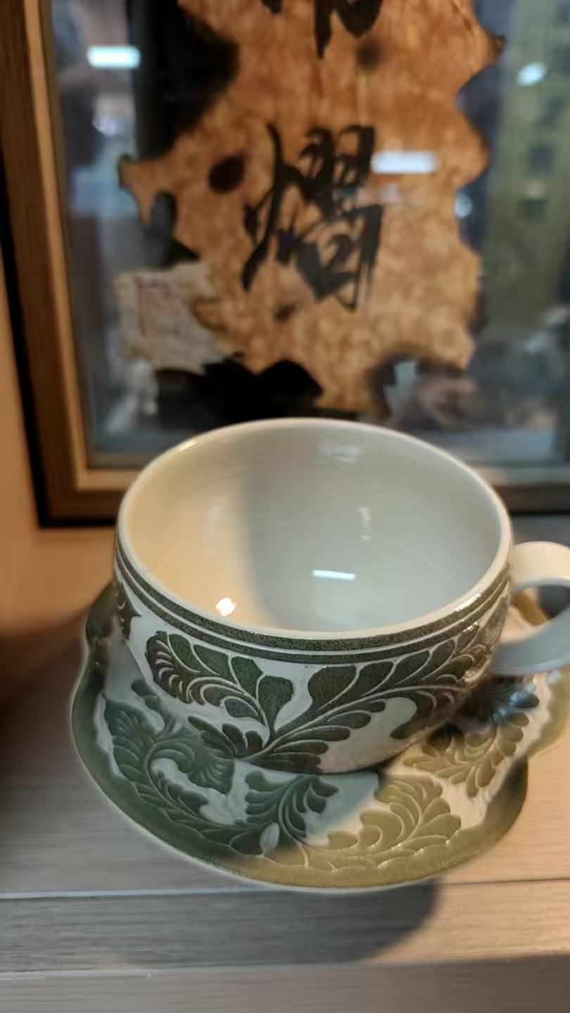 Hand-Carved Green Linework Coffee Cup and Saucer