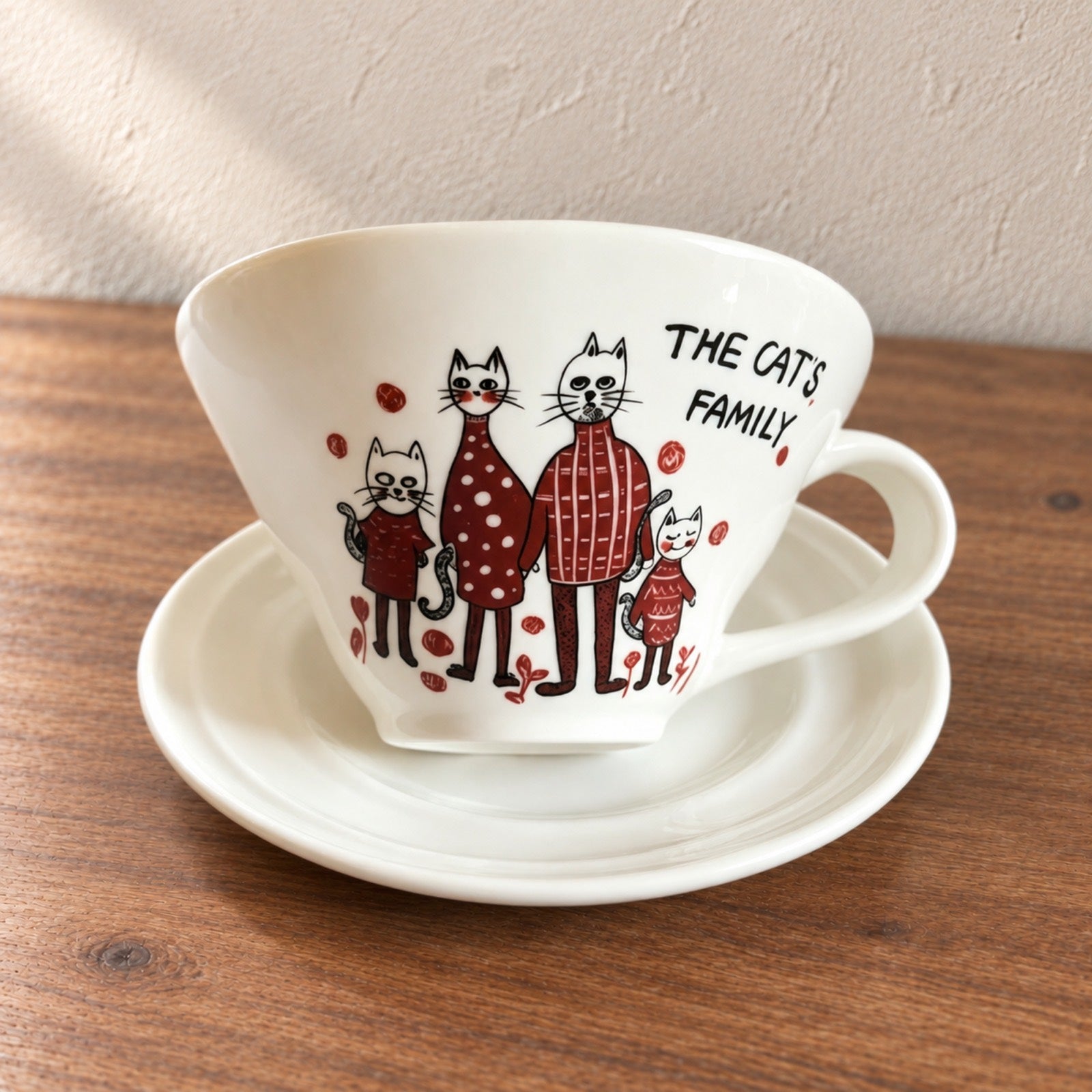 Cat family porcelain keepsake on warm wood and plaster background